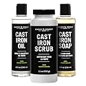 CARON & DOUCET - Ultimate Cast Iron Set: Seasoning Oil, Cleaning Soap & Restoring Scrub | 100% Plant-Based & Best for Cleaning Care, Washing