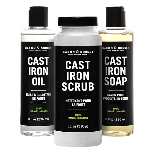 CARON & DOUCET - Ultimate Cast Iron Set: Seasoning Oil, Cleaning Soap & Restoring Scrub | 100% Plant-Based & Best for Cleaning Care, Washing