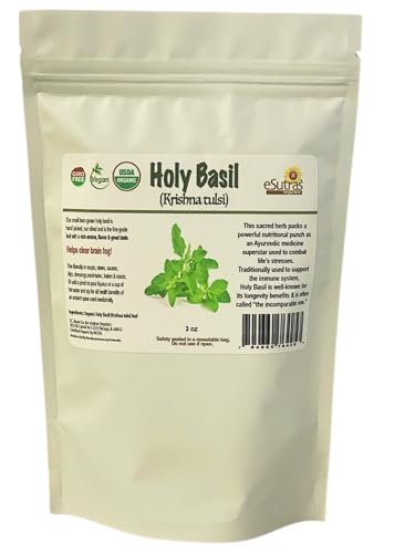 eSutras Organics Holy Basil, Krishna Tulsi, Organic dried leaf great for cooking, herbal basil tea or pooja 3 oz