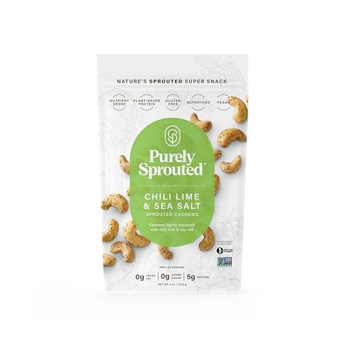 Purely Sprouted Cashews Chili Lime Sea Salt, Non-GMO Superfood for Healthy, Gluten-Free Snacking (4 oz, 6 pack)