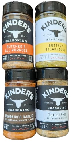 KINDERs Pantry Essentials Seasoning Set, 4-Pack, 10.5 oz The Blend, 9.5 oz Buttery Steakhouse, 9.5 oz Woodfired Garlic, 9.4 oz Butcher's All Purpose