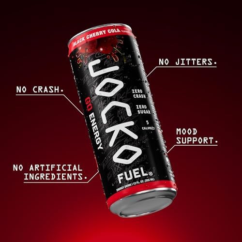 Jocko Fuel GO Energy Drinks, Black Cherry Cola - 95mg Caffeine with Added Adaptogens, Vitamin B12 & B6, & L Theanine for Mood & Focus Support, No