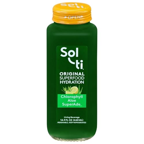 Organic SuperAde Hydration Drink, Digestive and Skin Health, SuperFood Lemonade by Sol-ti, Cold-Pressed Chlorophyll, Aloe and Lemon Juice Blend, 16