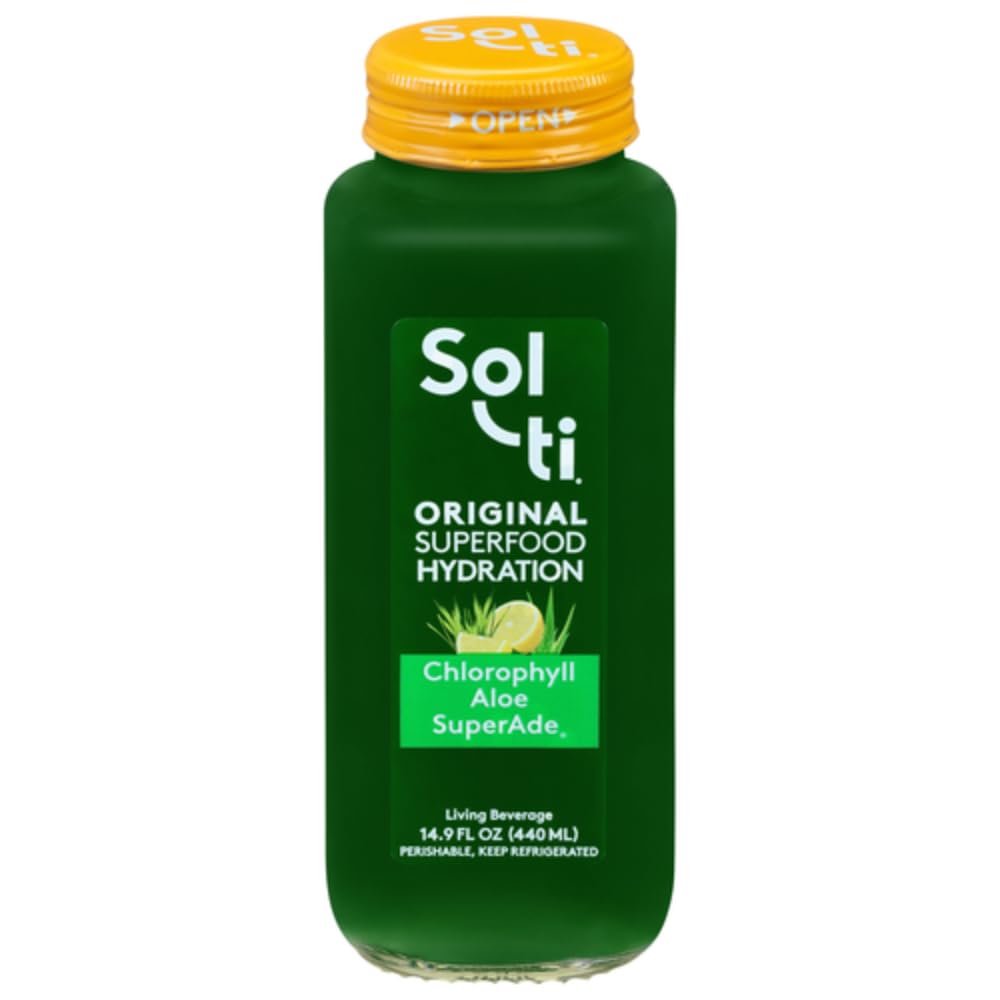 Organic SuperAde Hydration Drink, Digestive and Skin Health, SuperFood Lemonade by Sol-ti, Cold-Pressed Chlorophyll, Aloe and Lemon Juice Blend, 16