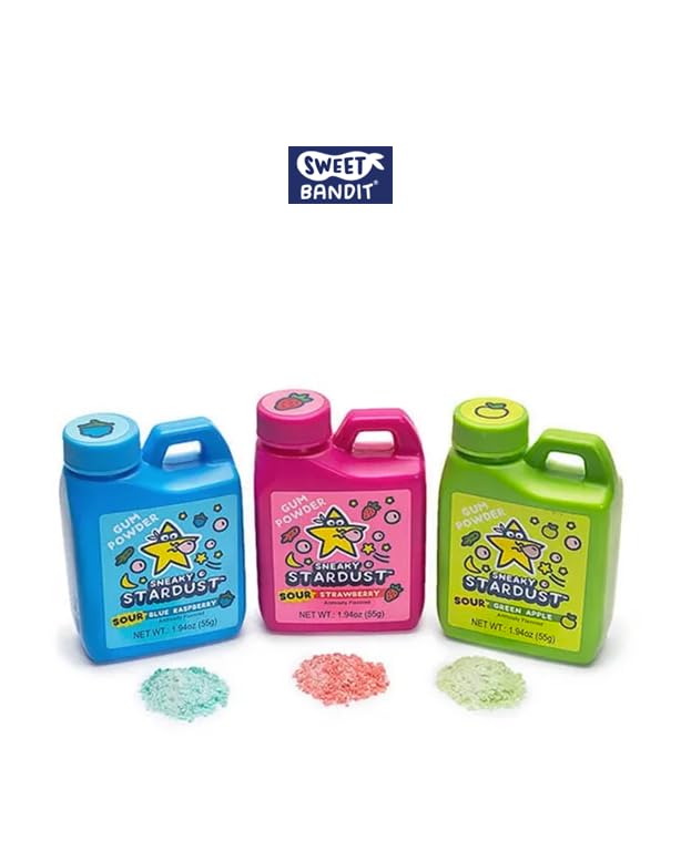 Sneaky Stardust Gum Powder - Sour Green Apple, Blue Raspberry, and Strawberry Flavors - Fun Candy That Turns Into Chewing Gum (1.94 oz Each) (3)