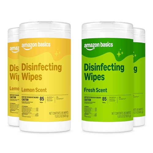 Amazon Basics Disinfecting Wipes, Lemon & Fresh Scent, Sanitizes, Cleans, Disinfects, Deodorizes, 340 Count (4 Packs of 85), Packaging May Vary