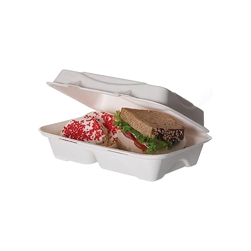 Eco-Product EP-B002 Plant Based Plastic 2 Compartment Renewable and Compostable Sugarcane Clamshell, 9" Length x 6" Width x 2-1/2" Height (Case of 2