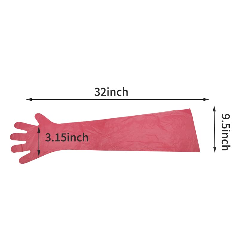 MODUODUO Disposable Gloves 100pcs Long Sleeve Shoulder Length 35”Vinyl Gloves for Cleaning Housework (Red)