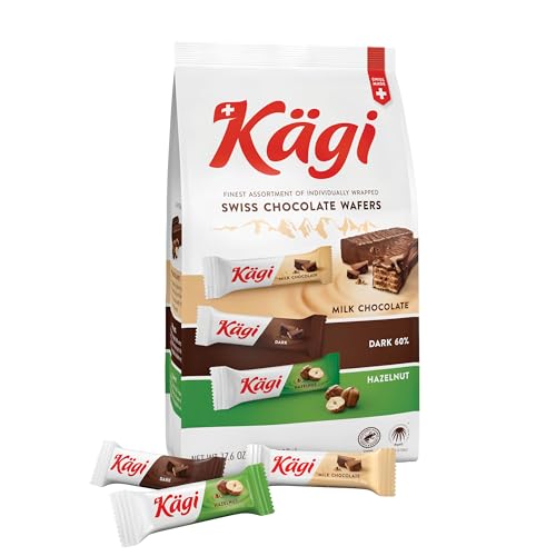 Kägi Swiss Chocolate Covered Wafers Assorted Bag - Crispy Coated, Individually Wrapped Mini-Mix of Classic, Dark & Hazelnut Flavors, 500g Bag