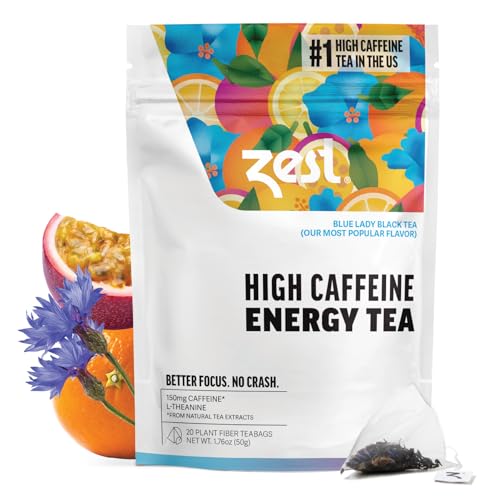 Zest Energy Tea Bags - Blue Lady Passion Fruit Black Tea - High Caffeine Tea for Morning Energy, Focus & Clarity - Natural Caffeinated Tea with 150mg
