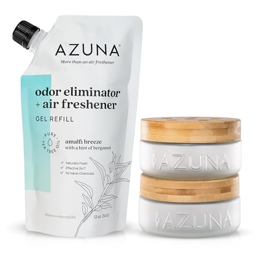 Azuna Air Freshener & Odor Eliminator for Strong Odor | 2 Room Kit Includes (2) 8 oz. Empty Luxe Glass Jars & 12 oz | Refill with Tea Tree Essential