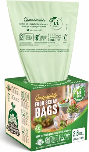 UNNI Compostable Trash Bags, 2.6 Gallon / 9.84 Liter, 100 Count, Extra Thick 0.71 Mil Small Kitchen Food Scrap Bin Liners, Certified by BPI, CMA & OK