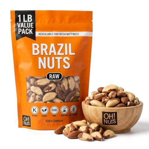 Oh! Nuts Brazil Nuts, Raw, Unsalted, No Shell, Whole - 1 lb in Resealable Bag - 100% Natural Nuts, Rich in Selenium - Vegan, Kosher, Gluten-Free Snack