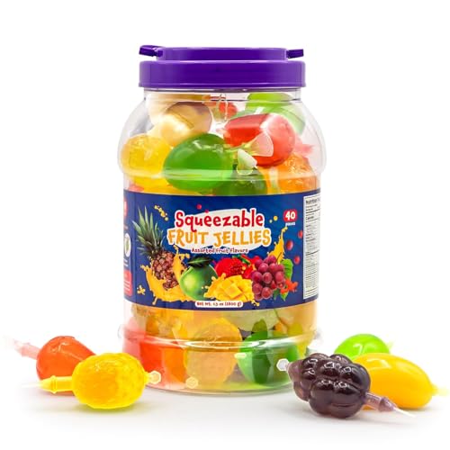 Fruit Squeezable Jellies - 40 Count Jar - Tik Tok Candy - Fun Jelly Treat in Assorted Fruit Flavors - Mango, Strawberry, Apple, Pineapple & Grape