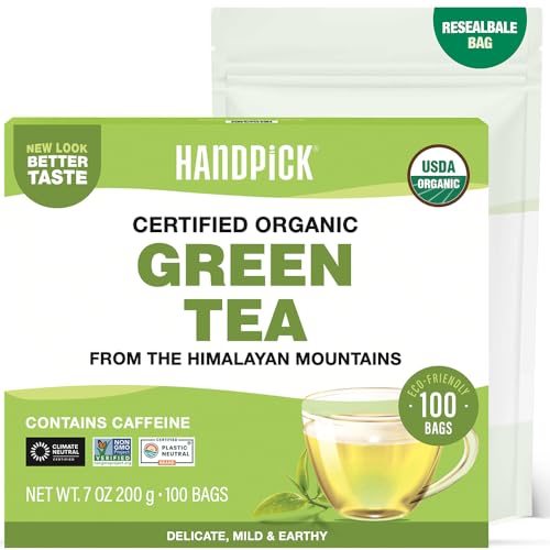 HANDPICK, Organic Green Tea Bags - 100 Eco-Friendly Tea Bags | USDA Organic | Resealable Pack for Freshness | Delicate & Flavory | Direct From India