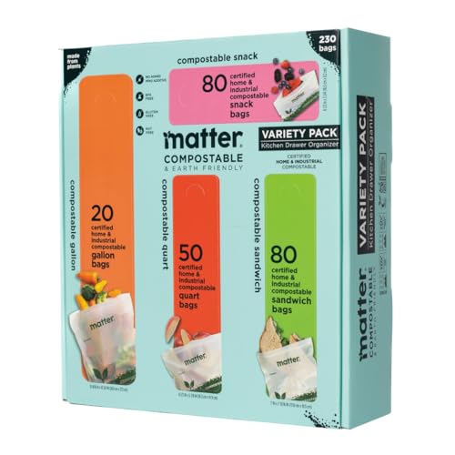 Matter Compostable Assorted Kitchen Bags, 230 Count, Biodegradable, Eco-Friendly Resealable Food Storage Variety Pack, 80 Snack, 80 Sandwich, 50 Quart
