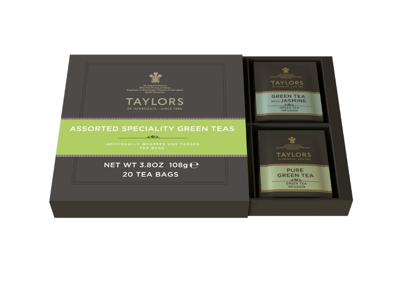 Taylors of Harrogate Assorted Specialty Green Teas Sampler, Variety Gift Box, Individually Wrapped Bags, 20 Count (Pack of 1), Jasmine, Mint, Lemon