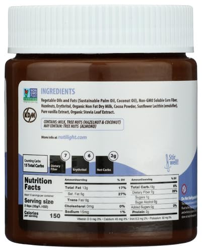 Nutilight No Sugar Added Hazelnut Spread with Cocoa and Milk, Keto and Diabetic Friendly, Non-GMO, Gluten-Free, and Soy-Free, 11 Oz (Pack of 1)