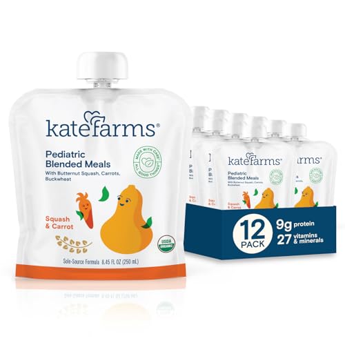KATE FARMS Organic Pediatric Blended Meal, Squash and Carrot, 8g protein, organic whole foods, oral or tube feed nutrition, Gluten Free, Non-GMO, 8.45