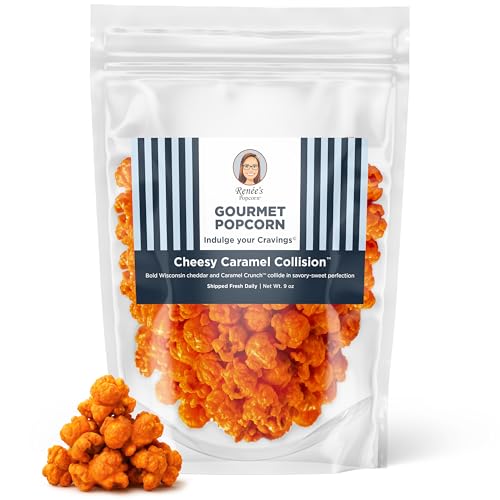 Renée’s Cheesy Caramel Collision™ Connoisseur Popcorn™ - buttery caramel corn drenched in bold Wisconsin cheddar - satisfies sweet and cheesy popcorn