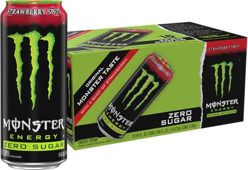 Monster Energy Zero Sugar Strawberry Shot, Green, Original, Free Energy Drink, 16 Ounce Can (Pack of 15)