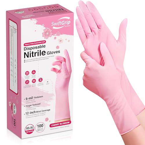 SwiftGrip Disposable Nitrile Dishwashing Gloves, Extended 12 Inches Cuff, 6-mil, Medium, Cherry Blossom Cleaning Gloves for Latex-Free, Ideal