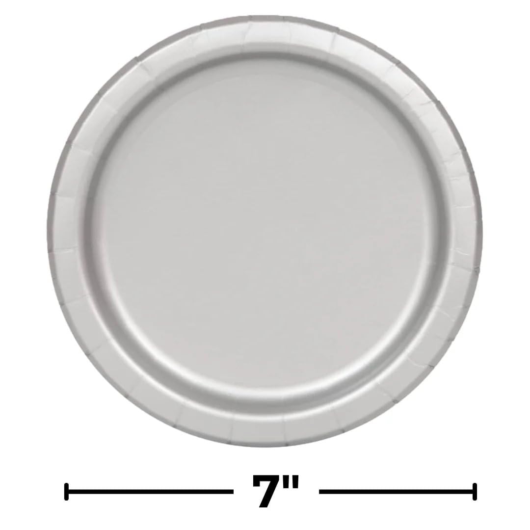Silver Solid Round Paper Dessert Plates (17cm) 20 Count - Vibrant Paper Plates for Parties and Events, Perfect for Appetizers, Snacks, and Desserts