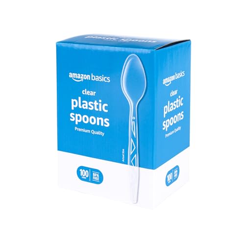 Amazon Basics Disposable Clear Plastic Spoons, Premium Quality, BPA Free, Strong, 100 Count