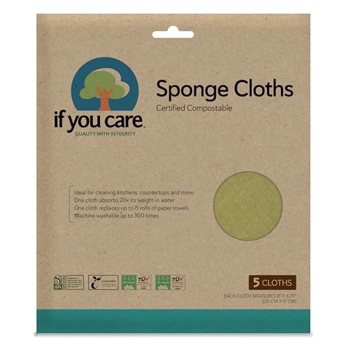 If You Care Sponge Cloths - 5 Count - 100% Natural Cleaning Rags for Kitchen, Bathroom, Home Countertop Surfaces - Absorbent, Reusable, Machine