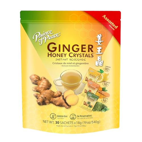 Prince of Peace Instant Ginger Honey Crystals Assorted, 30 Sachets - Instant Hot or Cold Beverage that Soothes Throat - Easy to Brew - Drink Like a