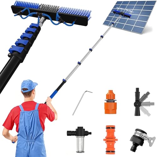 TONYINGO 5-20FT Solar Panel Cleaning Brush Kit - Telescopic Pole with Dual Action Flip-Lock & Screw Fixing, Water Flow & Soap Dispenser, Ideal