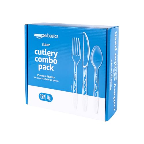 Amazon Basics Disposable Clear Plastic Cutlery Set, Premium Quality, Strong, 192 Count, Large Combo Pack Forks, Spoons and Knives