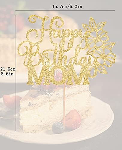AHAORAY Happy Birthday Mom Cake Topper - Premium Gold Glitter Flower Mother's Birthday Cake Decoration Supply - Birthday Party Decor for Mom