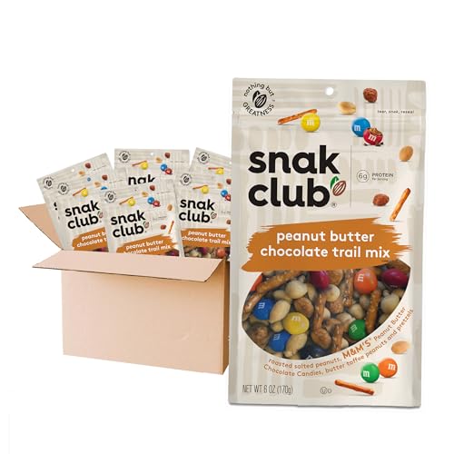 Snak Club Peanut Butter Chocolate Trail Mix with Peanuts, Peanut Butter M&M’S, Toffee Peanuts, and Pretzels, 6 oz Per Bag, 6 Resealable Bags
