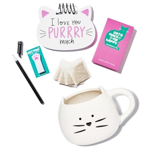 Thoughtfully Gourmet, Cat Mom Gift Set, Includes Cat-Shaped Ceramic Mug, 4 Chamomile Tea Bags, Cat-Shaped Notebook & Pen, and Paw-Shaped Sticky Notes