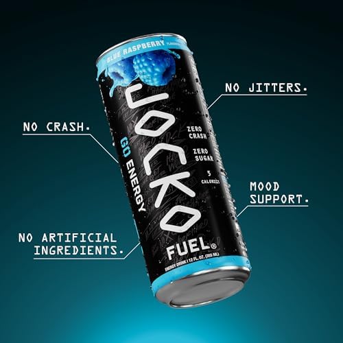 Jocko Fuel GO Energy Drinks, Blue Raspberry - 95mg Caffeine with Added Adaptogens, Vitamin B12 & B6, & L Theanine for Mood & Focus Support, No Sugar