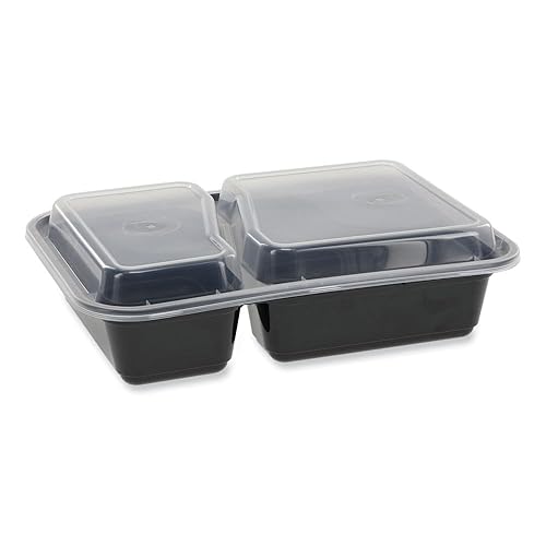 Pactiv Evergreen newspring versatainer microwavable containers, rectangular, 2-compartment, 30 oz, 6 x 8.5 x 2.5, black/clear, plastic, 150/ct