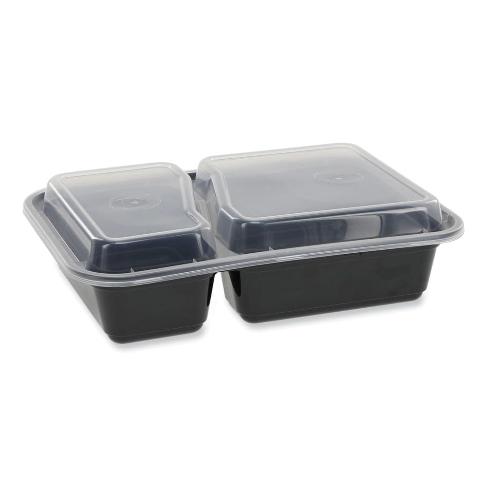 Pactiv Evergreen newspring versatainer microwavable containers, rectangular, 2-compartment, 30 oz, 6 x 8.5 x 2.5, black/clear, plastic, 150/ct
