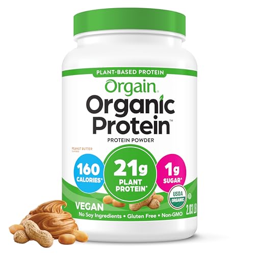 Orgain Organic Vegan Protein Powder, Peanut Butter - 21g Plant Protein, 7g Prebiotic Fiber, Low Net Carb, No Dairy Ingredients, No Added Sugar