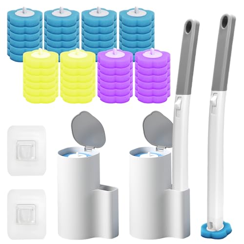 2 Pack Disposable Toilet Brush and Holder Set, Disposable Toilet Cleaning System Extended Handle with 48 Toilet Wand Refills, Toilet Brush for Toilet