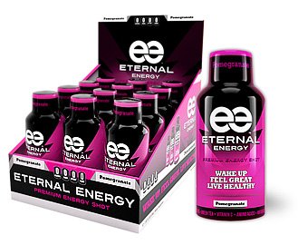 Eternal Energy shot POMEGRANATE flavor with 25 vitamins, minerals, amino acids, and antioxidants and no sugar added.