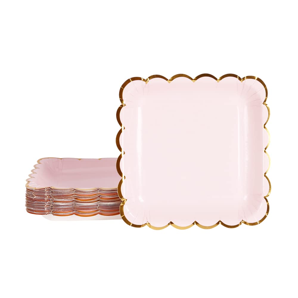 Geeklife Pink Disposable Paper Party Plates Bulk, 7 Inch Metallic Gold Paper Decorated Dessert Plates Set,20 PCS