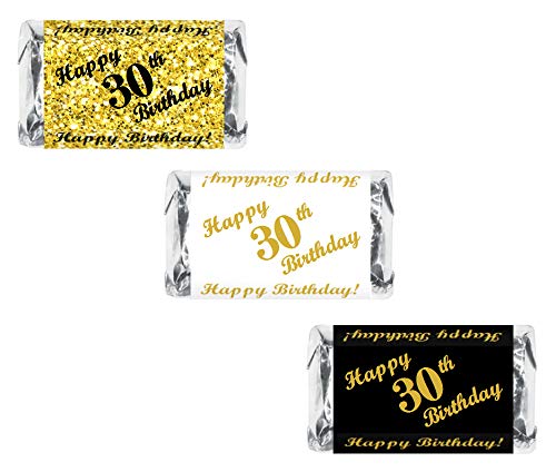 30th Birthday Miniatures Candy Bar Wrapper, (Set of 60) Mini Candy Bar Stickers; 3 Designs: 24 Gold, 24 Black, 12 White, Candy Not Included. Made in
