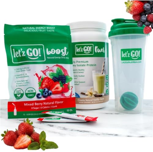 Let’z Go Mixed Berry 30-Day Smoothie Kit | Clean Energy Drink Mix (30 Pack) + Whey Isolate Protein (30 Servings) with Shaker Cup | Natural Caffeine