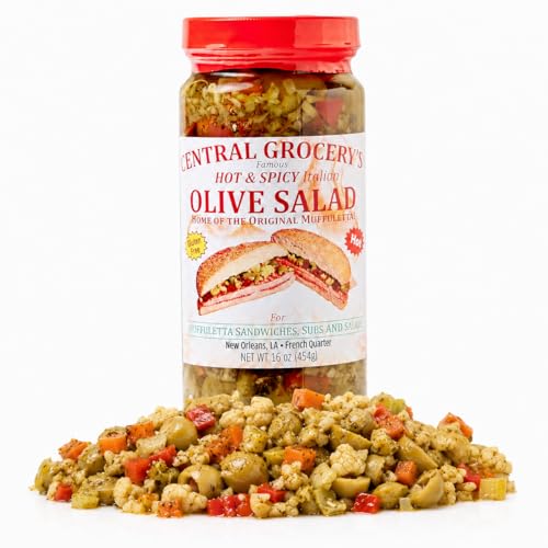 Central Grocery Hot & Spicy Olive Salad 16 oz, Authentic New Orleans Italian Olive Salad, Spicy Muffuletta Sandwich Spread, Olive Vegetable Relish
