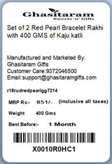 Ghasitaram Gifts Rakhi for Brother Rakhis Online - Set of 2 Red Pearl Bracelet Rakhi with 400 GMS of Kaju katli