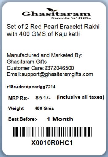 Ghasitaram Gifts Rakhi for Brother Rakhis Online - Set of 2 Red Pearl Bracelet Rakhi with 400 GMS of Kaju katli