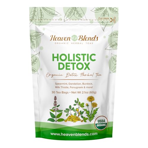 Heaven Blends Organic Holistic Detox Tea - USDA Organic - Spearmint, Dandelion, Burdock, Milk Thistle Seed, Fenugreek & Yellowdock Root - sugar free