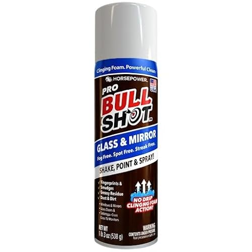 Horsepower Bull Shot Glass & Mirror Cleaner, As Seen On TV, No-Drip Foaming Glass Cleaner for Mirrors, Windows & TV Screens, Made in USA