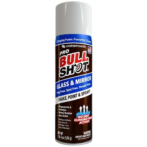 Horsepower Bull Shot Glass & Mirror Cleaner, As Seen On TV, No-Drip Foaming Glass Cleaner for Mirrors, Windows & TV Screens, Made in USA